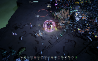 The player is swarmed by horde of enemies coming from the right of the screen.