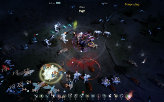 The player is surrounded by enemies. Some are being hit by explosions.