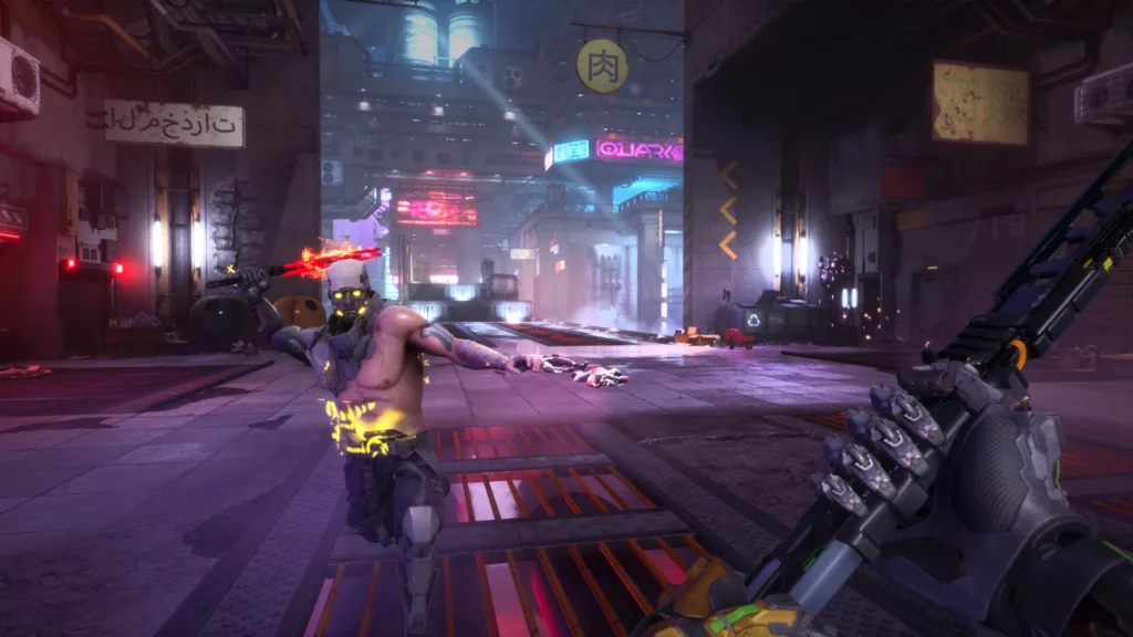 A neon cityscape. An enemy wielding a weapon runs towards to player who is holding a katana.