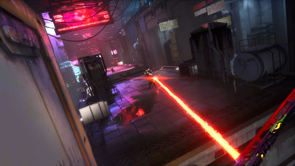 A neon lit street. The player runs along a wall while an enemy fires a bright red laser towards them.
