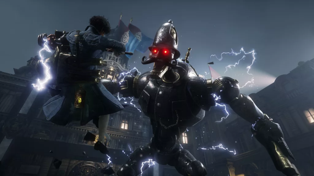 The main character is held in the hand of a large puppet guardsman with red glowing eyes. Electricity sparks surround their bodies.