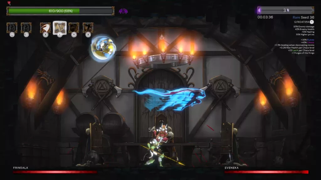 Dimly lit medieval looking room with lit chandelier swinging from the ceiling and flame lit torches on the walls. A blue enemy flies over the player character who looks like a knight in white armour. 