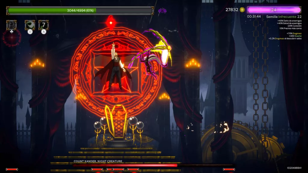 A vampire floats inside a red circle with runes written around the circumference. An open coffin sits on an alter. The player jumps at the vampire, swinging his scythe.