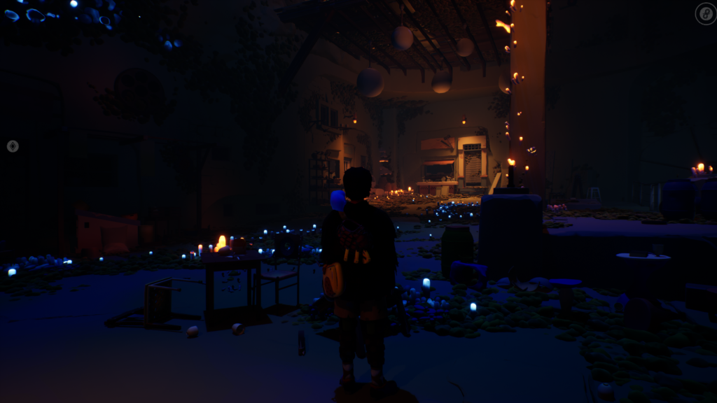 A dark cavern lit by bright coral. The facade of a shop is in the background, subtly lit by yellow lighting. Furniture is scattered in the foreground.