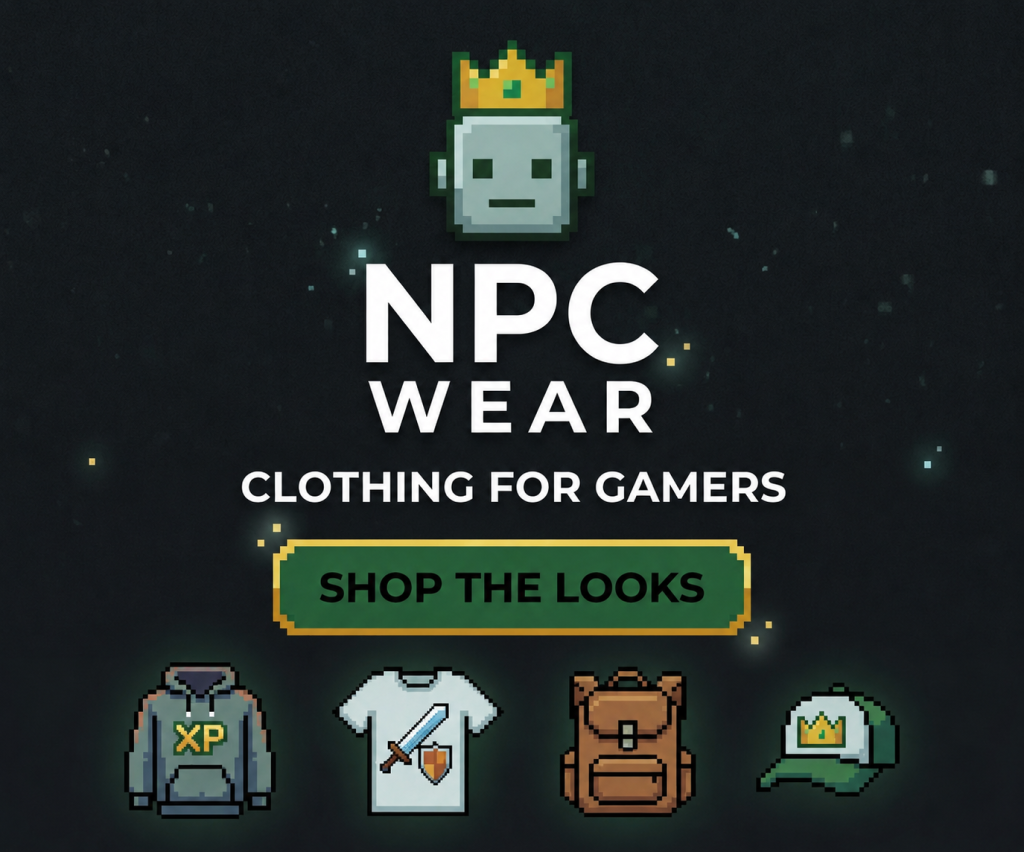 NPC Wear advertisement banner. Clothing for gamers. 